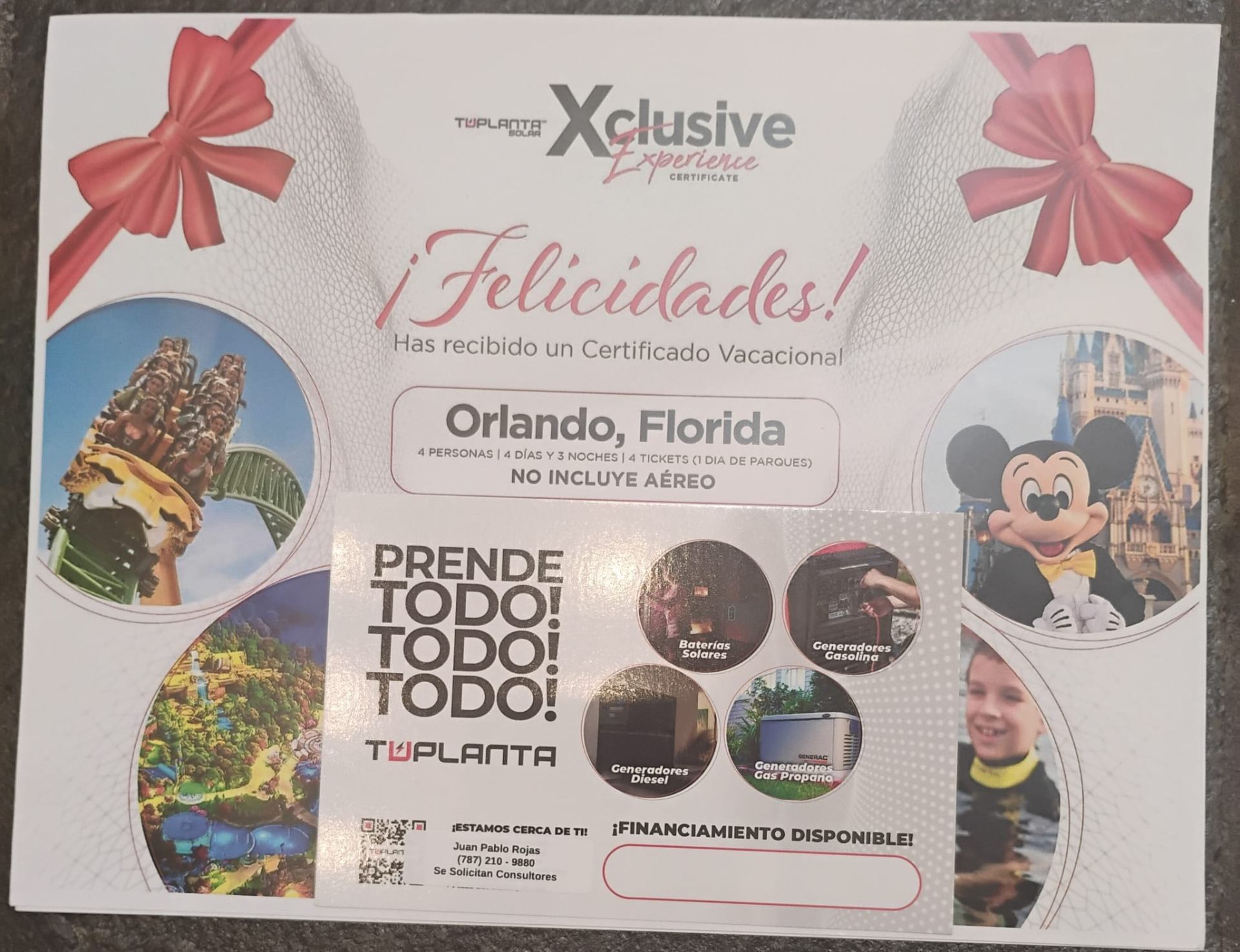 Certificado vacacional Disney Orlando