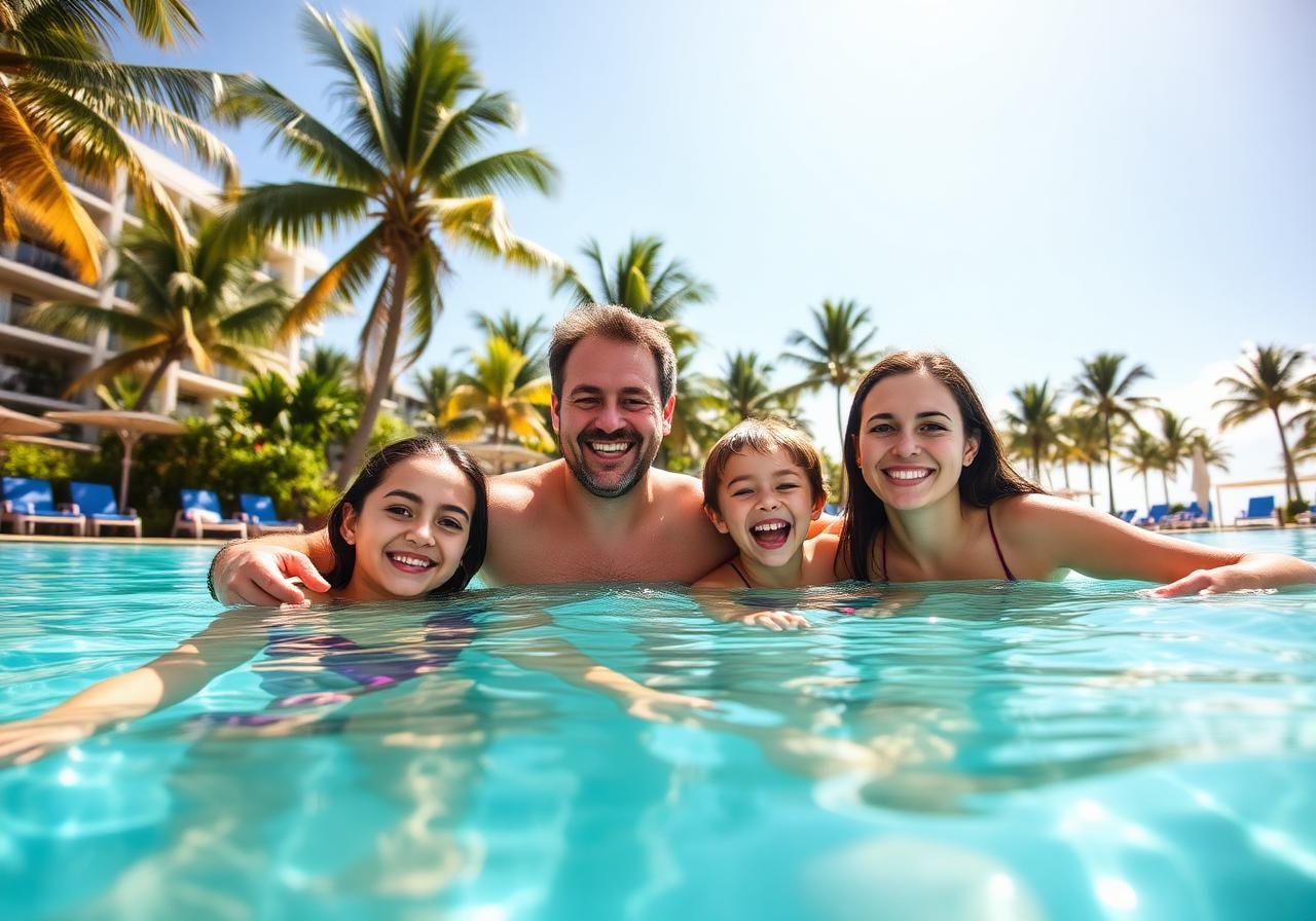 Familia disfrutando vacaciones en resort tropical
